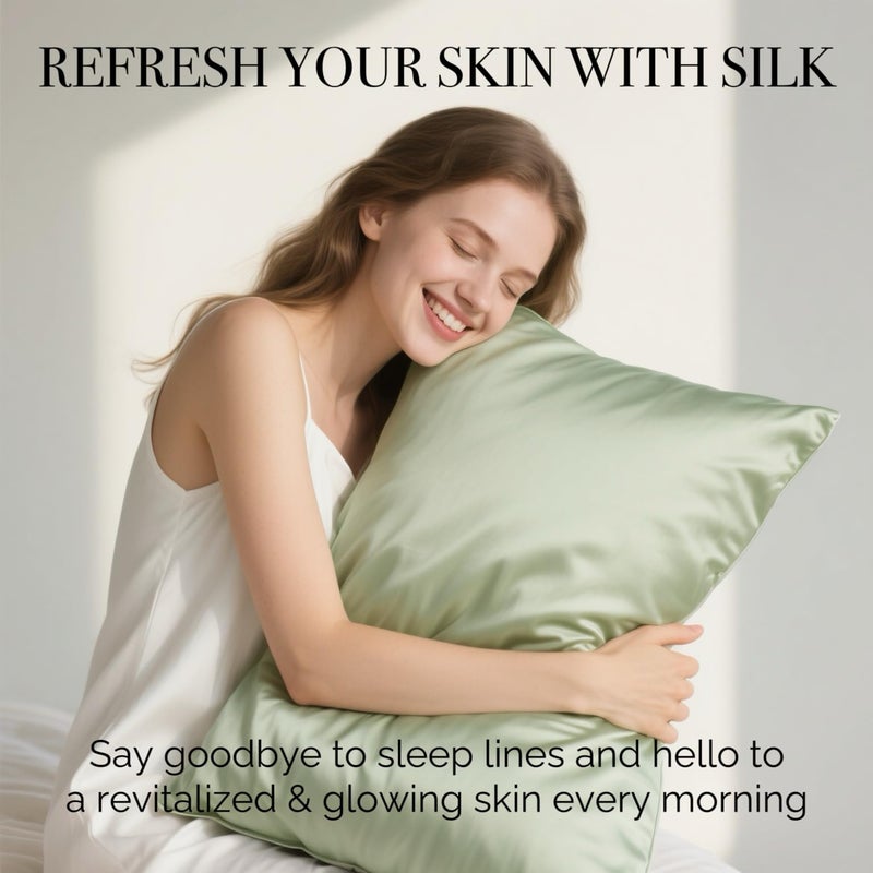 Ravmix Silk Pillow Cases with Zipper, 21momme Mulberry Silk Pillowcase for Hair Skin Health, Soft Smooth Breathable Cool Pillow Cover for Beauty Sleep with Gift Box 1PC(Standard 20"x26", Bean Green) - Image 2